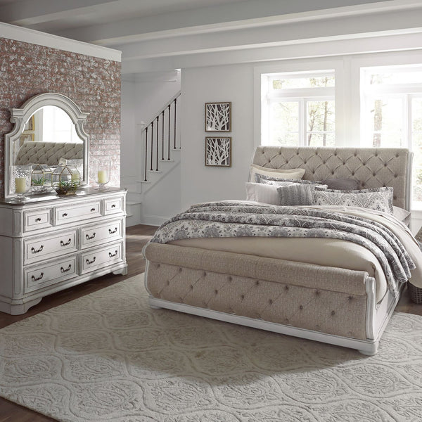 Magnolia Manor King California Upholstered Sleigh Bed, Dresser & Mirror - 244-BR-CKUSLDM