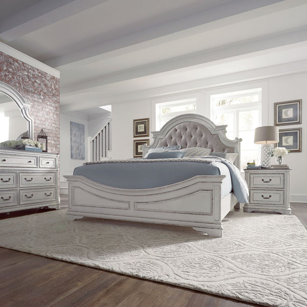 Magnolia Manor King Uph Bed, Dresser & Mirror, Night Stand - 244-BR-KUBDMN