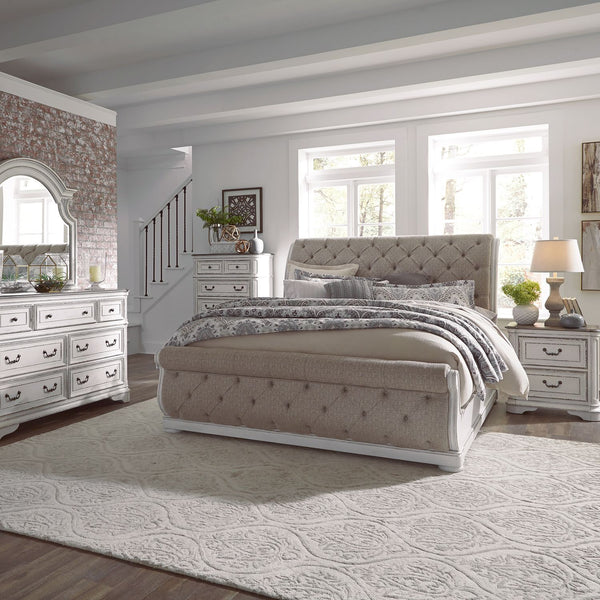 Magnolia Manor King Uph Sleigh Bed, Dresser & Mirror, Chest, Night Stand - 244-BR-KUSLDMCN