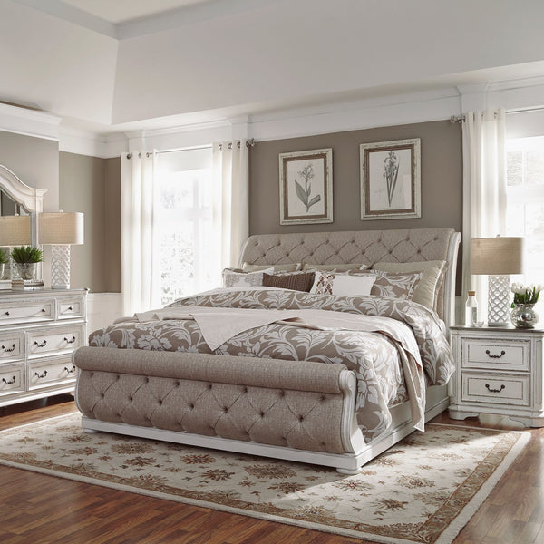 Magnolia Manor King Uph Sleigh Bed, Dresser & Mirror, Night Stand - 244-BR-KUSLDMN