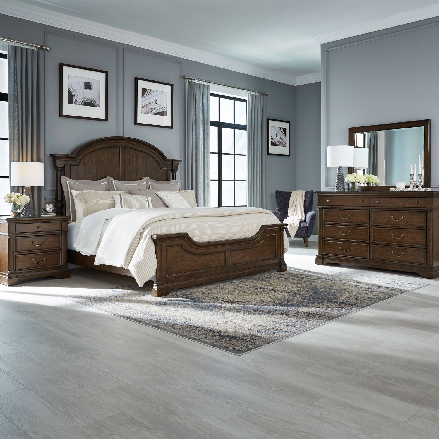 Arden Road King Poster Bed, Dresser & Mirror, Night Stand