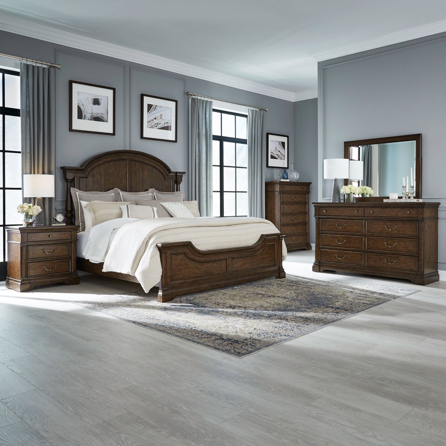 Arden Road Queen Poster Bed, Dresser & Mirror, Chest, Night Stand