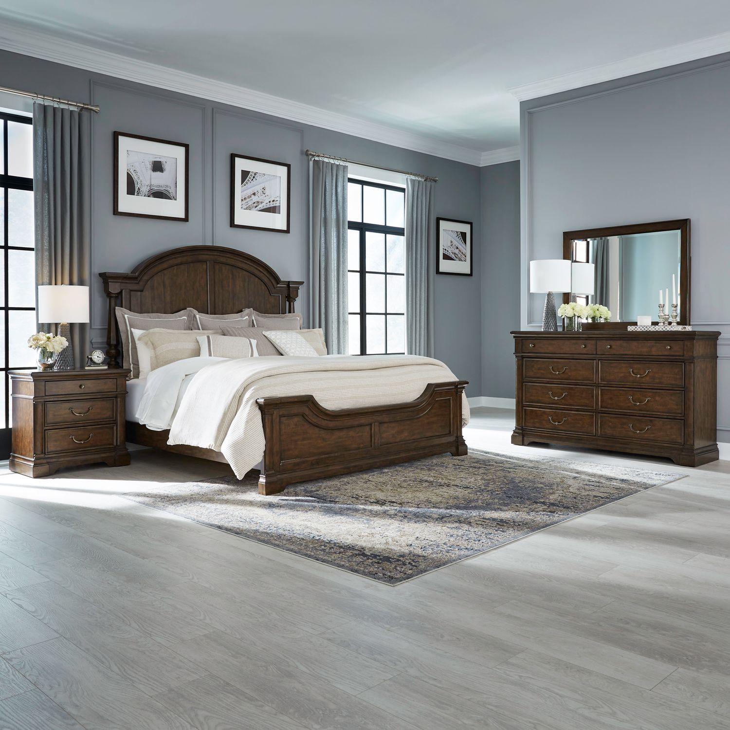 Arden Road Queen Poster Bed, Dresser & Mirror, Night Stand