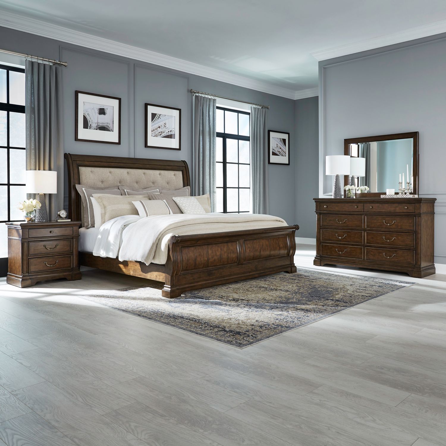 Arden Road Queen Uph Sleigh Bed, Dresser & Mirror, Night Stand