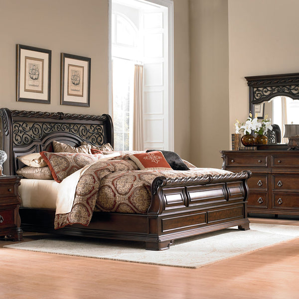 Arbor Place King California Sleigh Bed, Dresser & Mirror, Chest - 575-BR-KCSDMC