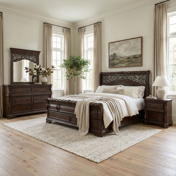 Arbor Place King Sleigh Bed, Dresser & Mirror, Night Stand - 575-BR-KSLDMN