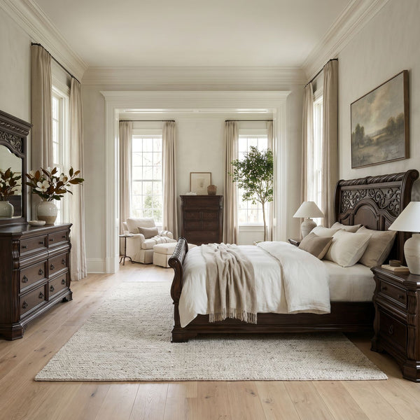 Arbor Place Queen Sleigh Bed, Dresser & Mirror, Chest, Night Stand - 575-BR-QSLDMCN