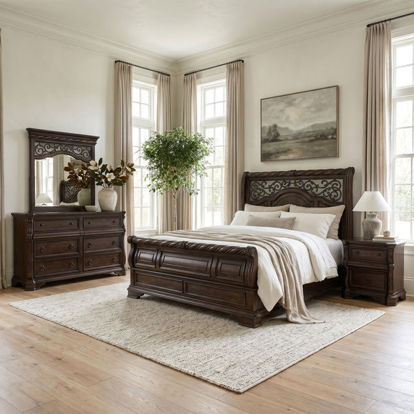 Arbor Place Queen Sleigh Bed, Dresser & Mirror, Night Stand - 575-BR-QSLDMN
