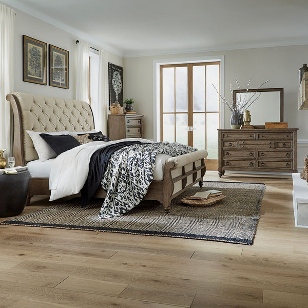 Americana Farmhouse Queen Sleigh Bed, Dresser & Mirror, Chest - 615-BR-QSLDMC