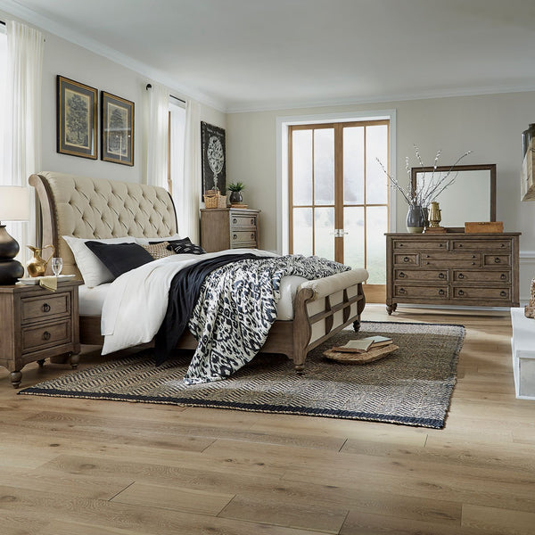 Americana Farmhouse Queen Sleigh Bed, Dresser & Mirror, Chest, N/S - 615-BR-QSLDMCN