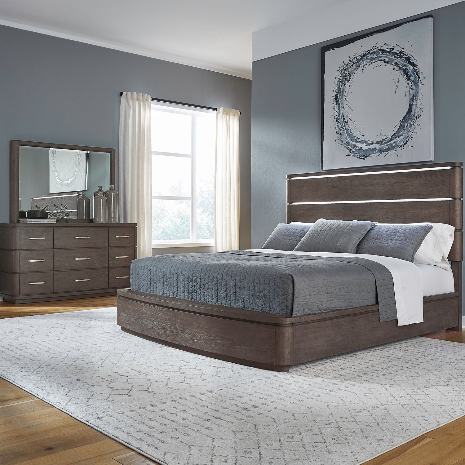 Cascade Falls King California Panel Bed, Dresser & Mirror