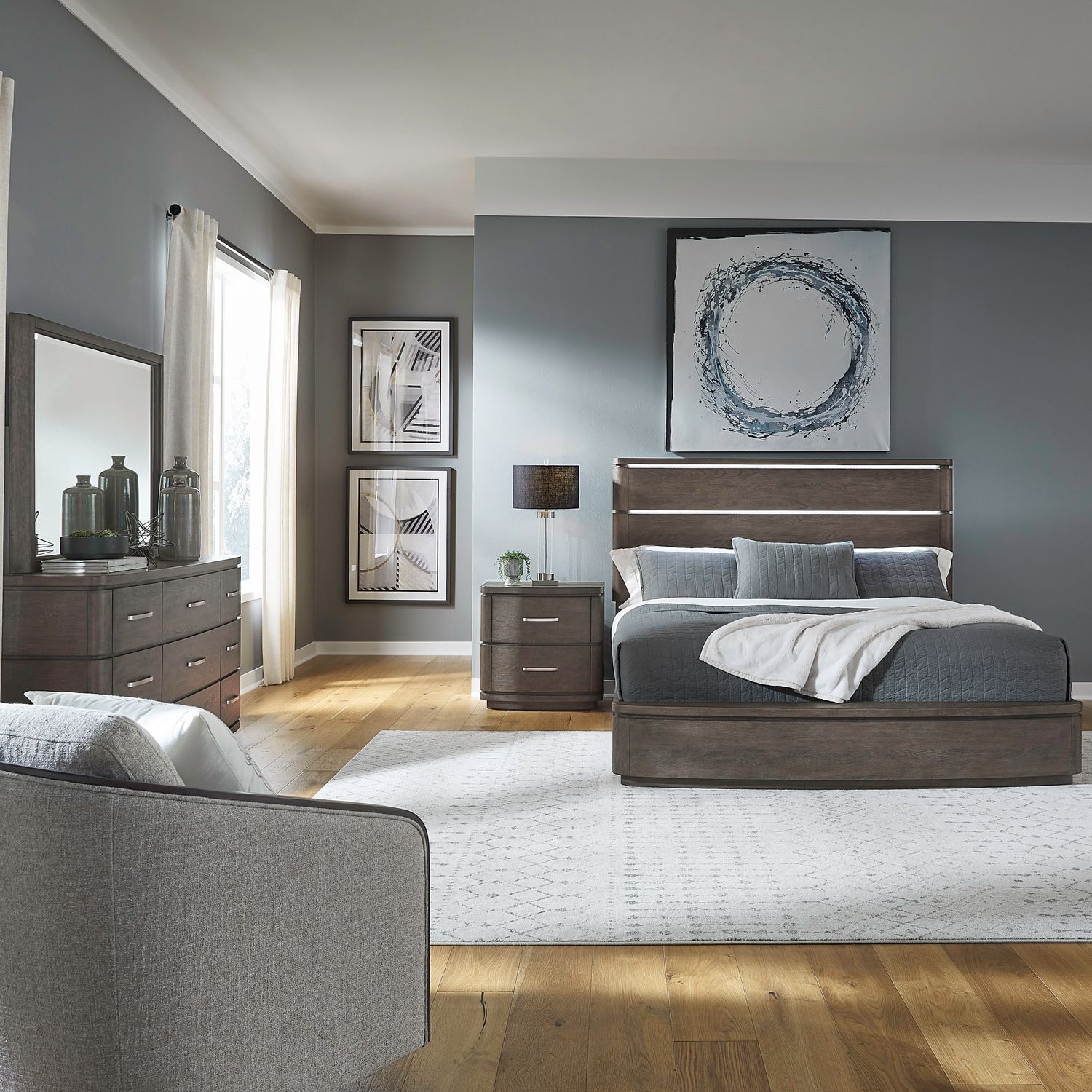 Cascade Falls Queen Panel Bed, Dresser & Mirror, Night Stand