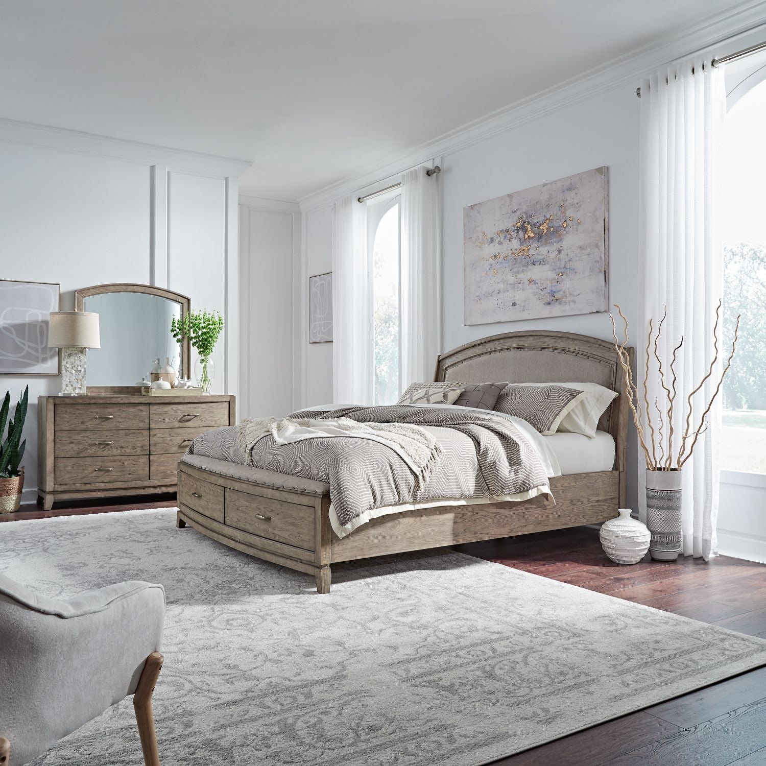 Avalon King Uph Storage Bed, Dresser & Mirror