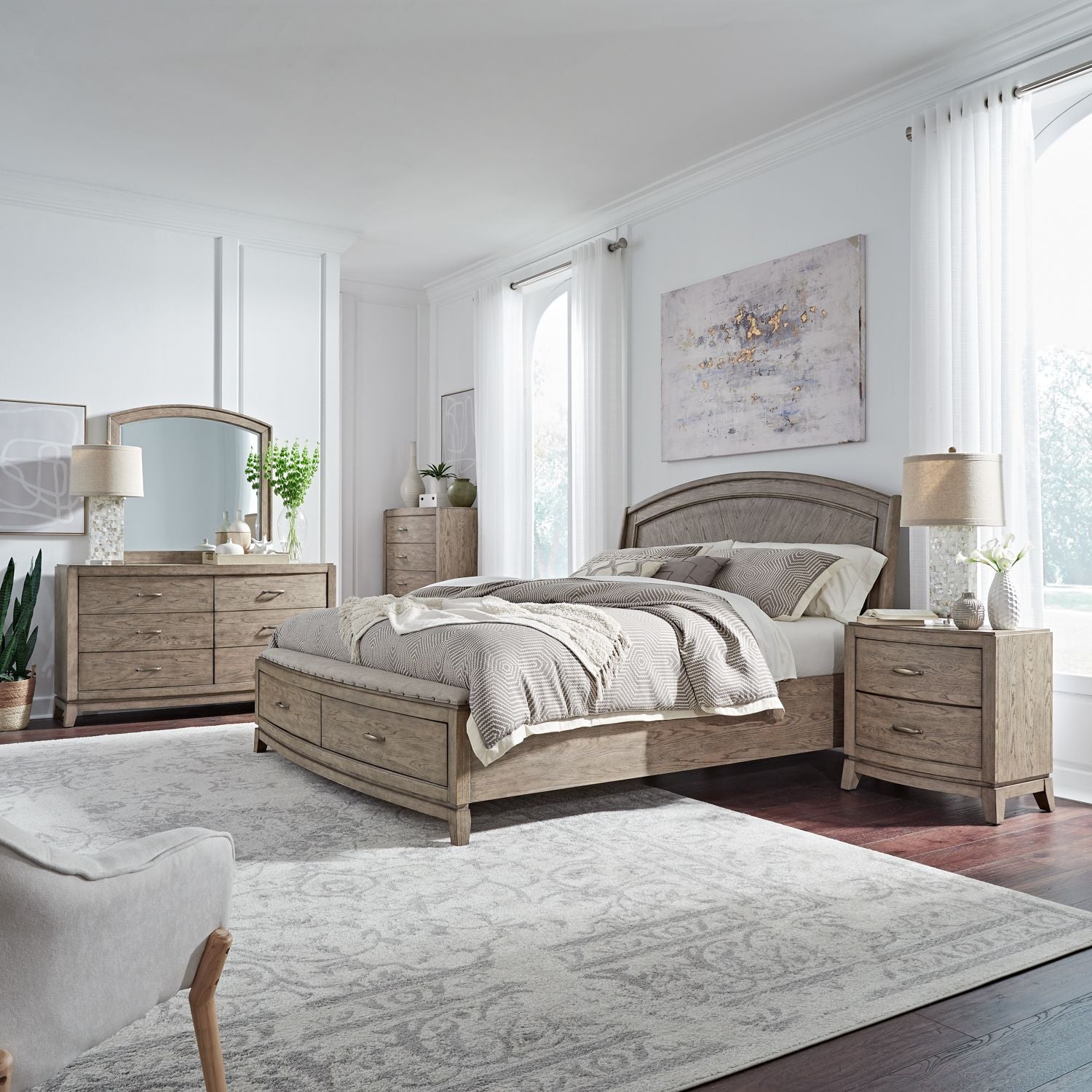 Avalon Queen Panel Storage Bed, Dresser & Mirror, Chest, NS