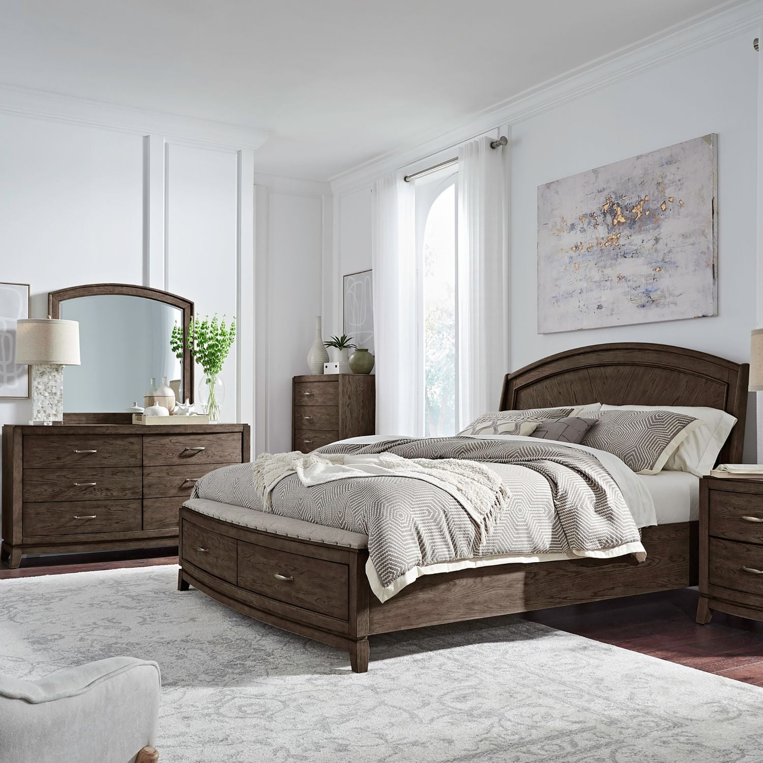 Avalon Queen Panel Storage Bed, Dresser & Mirror, Chest