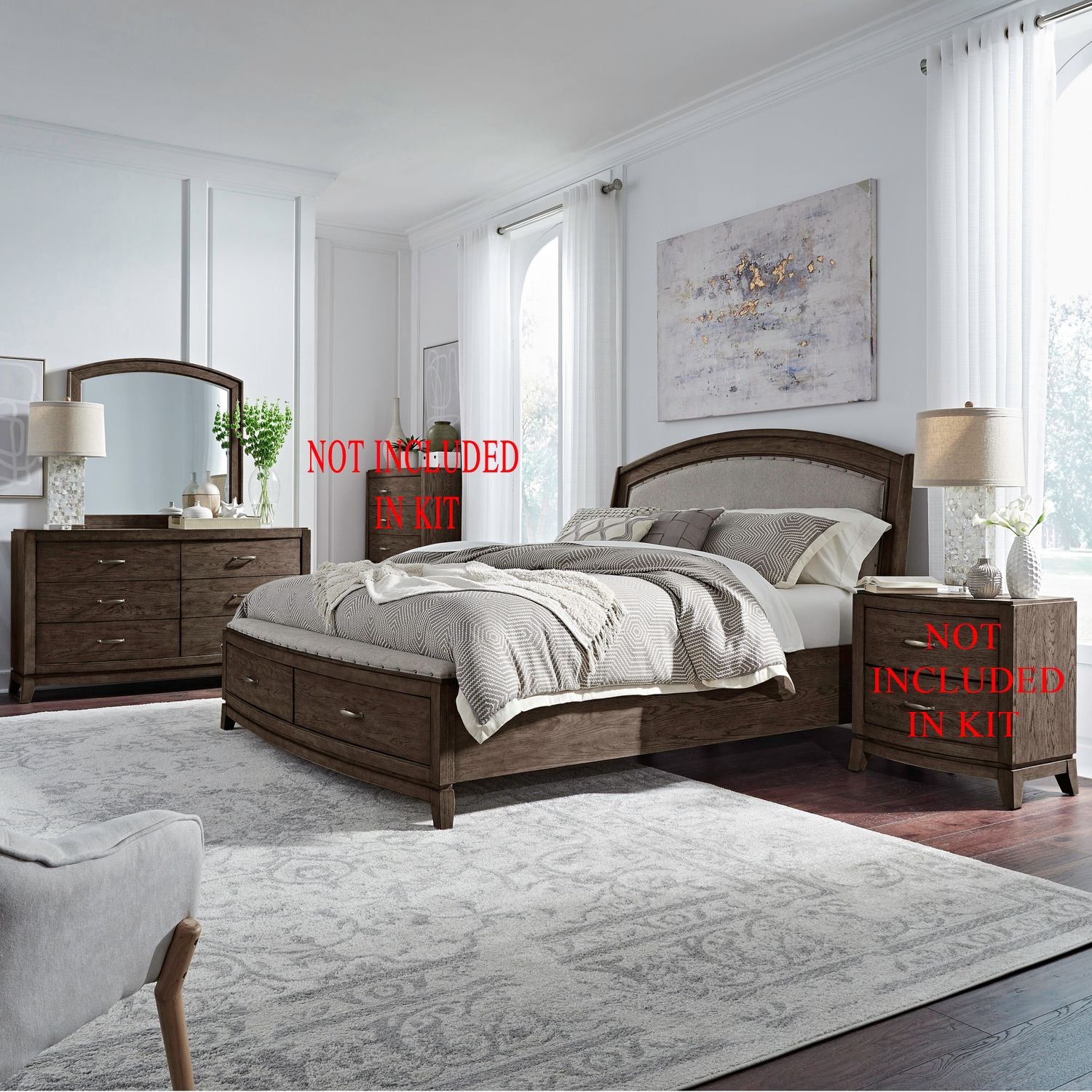 Avalon Queen Uph Storage Bed, Dresser & Mirror