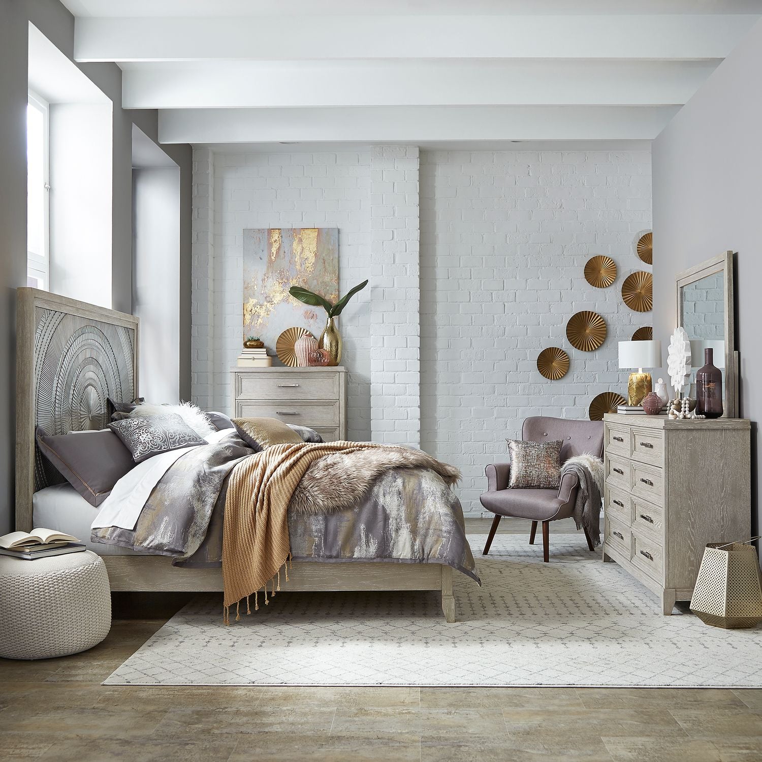 Belmar King Panel Bed, Dresser & Mirror, Chest