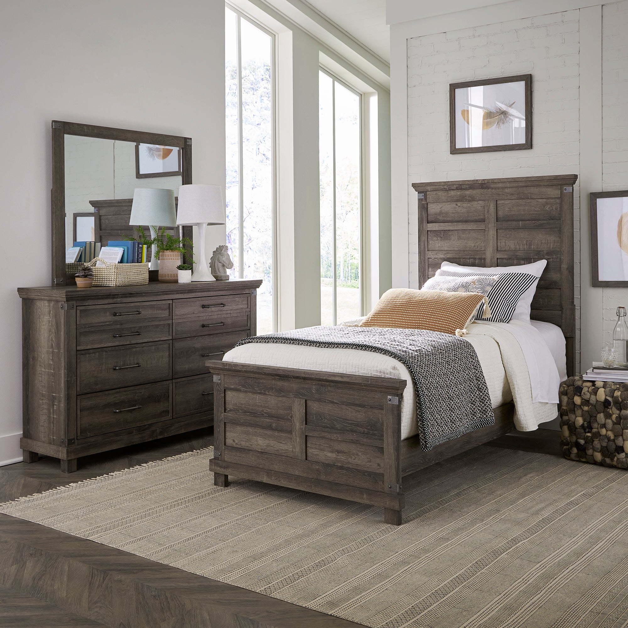 Lakeside Haven 903-BR-OTPBDM Opt Twin Panel Bed, Dresser & Mirror