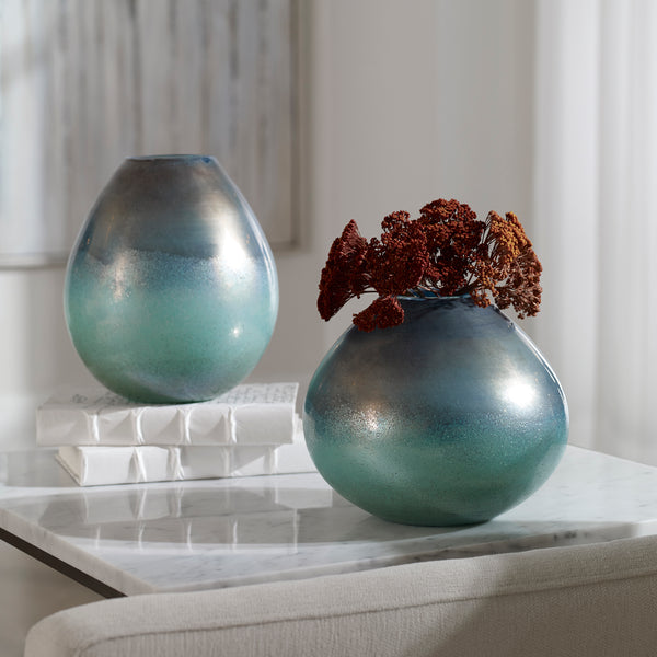 Uttermost Rian Aqua Bronze Vases, S/2