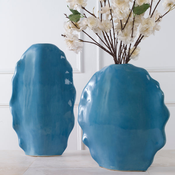 Uttermost Ruffled Feathers Blue Vases, S/2