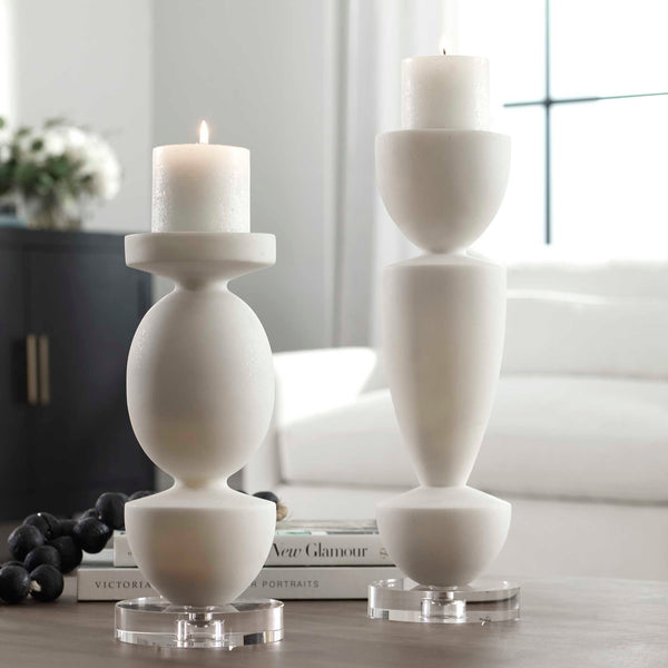 Uttermost Lido White Stone Candleholders Set/2