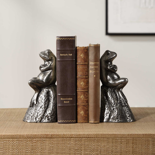 Uttermost Daydreaming Frogs Aged Silver Bookends Set/2