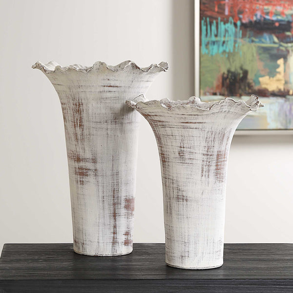 Uttermost Ruffled Petal White Vases Set/2