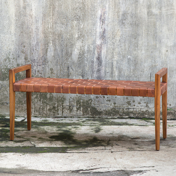 Uttermost Plait Woven Leather Bench